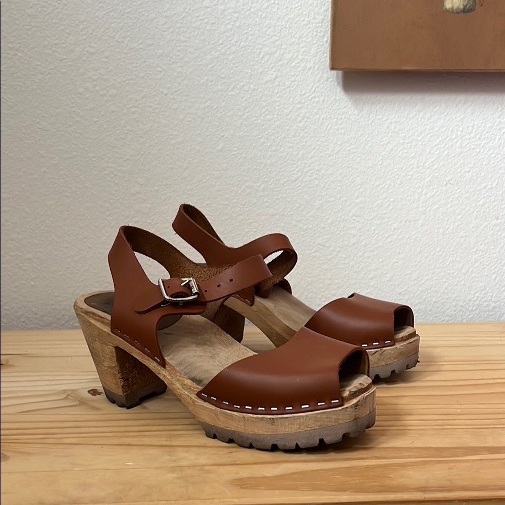 Brown Leather Mules with Chunky Heel and Ankle Strap